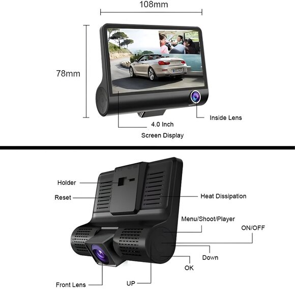 Solobesafe Three Cameras 4inch 3 Lens Car DVR 1080P Auto Camera Triple Lens Car - Picture 6 of 8